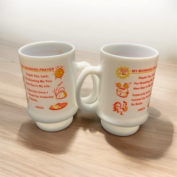 Vintage Set of 2 Milk Glass My Morning Prayer Pedestal Coffee Mugs Retro Funny - Picture 2 of 6